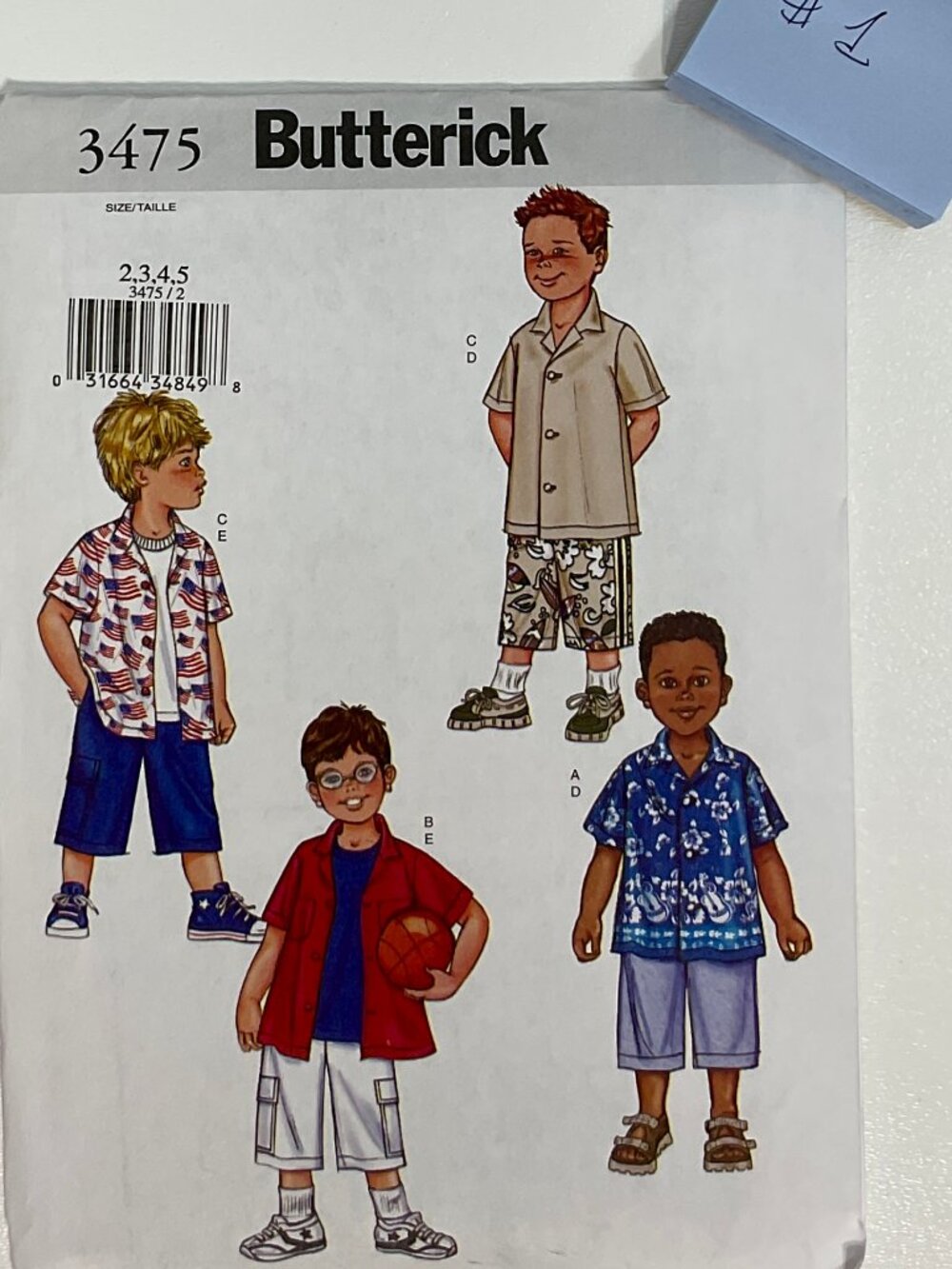 Butterick 3475 Boys Shirt and Shorts Easy Sewing Pattern Uncut #1